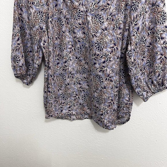 J. Jill Love Linen Sz S V Neck Purple Lotus Vines 100% Linen Peasant Top Blouse - Picture 6 of 13